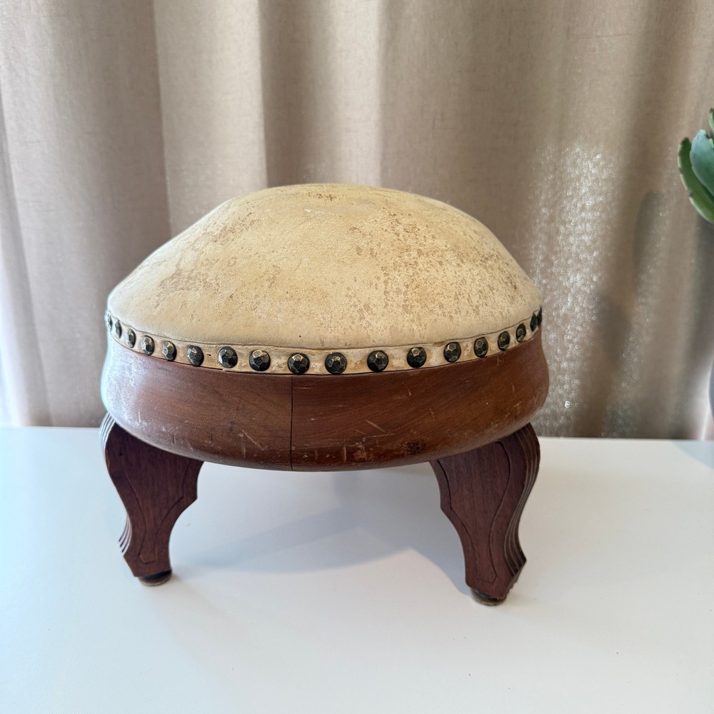 Vintage Round Wood Footstool Leather Domed Top Nailhead Trim Cabriole Legs